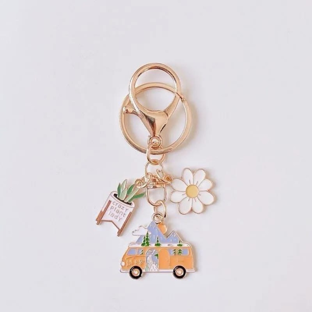 Gold Keychain with Flower and Van Charms